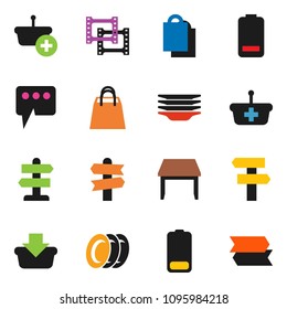 solid vector ixon set - plates vector, signpost, film frame, battery, message, table, shopping bag, basket
