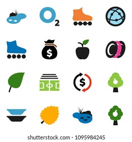 solid vector ixon set - plates vector, apple fruit, leaf, exchange, money bag, stadium, roller Skates, oxygen, internet, pond, tree
