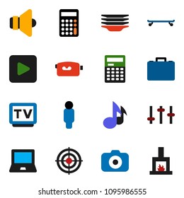 solid vector ixon set - plates vector, calculator, notebook pc, music, case, man, skateboard, target, camera, speaker, settings, tv, video, play button, fireplace
