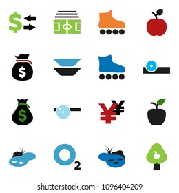 solid vector ixon set - plates vector, apple fruit, exchange, money bag, yen sign, stadium, roller Skates, oxygen, eye doctor hat, pond, tree