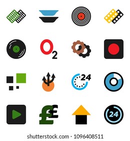 solid vector ixon set - plates vector, pie graph, arrow up, pound, oxygen, disk, play button, rec, pills blister, gear, loading, route, 24 hour