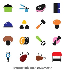 solid vector ixon set - plates vector, pan, scales, cook press, ladle, meat hammer, dish, cereal, mushroom, steak, chicken leg, broken bone, fridge, market