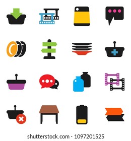 solid vector ixon set - plates vector, cutting board, jar, signpost, film frame, battery, message, table, basket