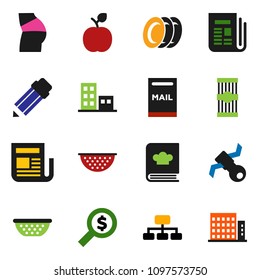 solid vector ixon set - plates vector, colander, cookbook, pasta, pencil, apple fruit, money search, hierarchy, buttocks, satellite, newspaper, mailbox, apartments