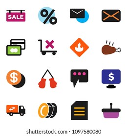solid vector ixon set - plates vector, chicken leg, document, credit card, monitor dollar, boxing glove, no trolley, flammable, mail, message, sale signboard, relocation truck, coin, percent, basket