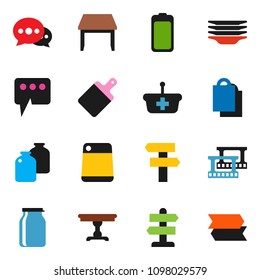solid vector ixon set - plates vector, cutting board, jar, signpost, film frame, battery, message, table, shopping bag, basket