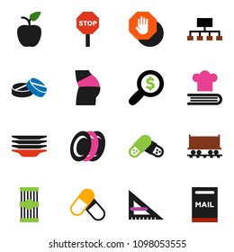solid vector ixon set - plates vector, cookbook, pasta, corner ruler, apple fruit, money search, hierarchy, buttocks, pills, Railway carriage, stop, mailbox