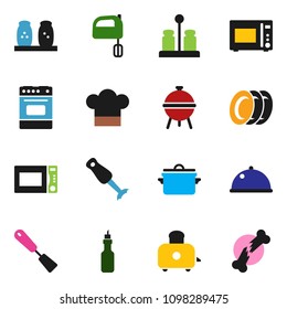 solid vector ixon set - plates vector, pan, cook hat, spatula, mixer, toaster, microwave oven, spices, blender, bbq, dish, oil, broken bone