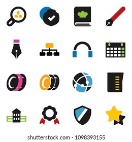 solid vector ixon set - plates vector, measuring cup, cookbook, pen, school building, medal, hierarchy, calendar, protected, headphones, connection, shield, client search, star