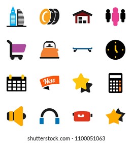 solid vector ixon set - plates vector, kettle, calculator, clock, man, calendar, skateboard, speaker, video camera, headphones, barn, office building, star, new, cart