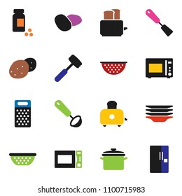 solid vector ixon set - plates vector, pan, colander, spatula, ladle, meat hammer, grater, toaster, microwave oven, potato, pills vial, fridge
