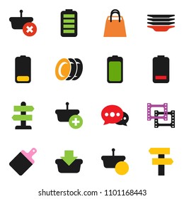solid vector ixon set - plates vector, cutting board, signpost, film frame, battery, message, shopping bag, basket