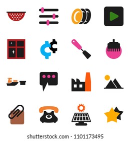 solid vector ixon set - plates vector, shining window, colander, spatula, cent sign, phone, port, play button, equalizer, lan connector, message, attachment, solar panel, mountain, factory, star