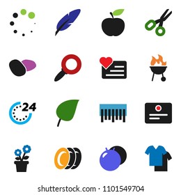 solid vector ixon set - plates vector, bbq, potato, pen, certificate, scissors, magnifier, leaf, diet, fitball, heart monitor, barcode, loading, flower in pot, 24 hour, clothes