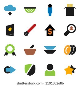 solid vector ixon set - plates vector, colander, pasta, pen, medal, dollar growth, man, protected, mortar, arrow, cloud upload, user, client search, catalog, star