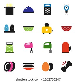 solid vector ixon set - plates vector, colander, scales, cook glove, grater, mixer, toaster, spices, dish, egg, pasta, broken bone