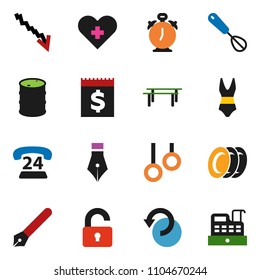 solid vector ixon set - plates vector, whisk, pen, alarm clock, crisis, horizontal bar, swimsuite, gymnast rings, phone 24, receipt, oil barrel, heart cross, undo, unlock, cashbox