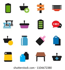 solid vector ixon set - plates vector, cutting board, jar, signpost, film frame, battery, message, table, shopping bag, basket