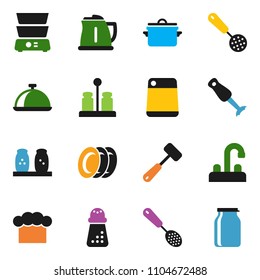 solid vector ixon set - plates vector, water tap, pan, kettle, cook hat, skimmer, meat hammer, cutting board, hand mill, double boiler, spices, blender, dish, jar