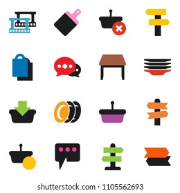 solid vector ixon set - plates vector, cutting board, signpost, film frame, message, table, shopping bag, basket