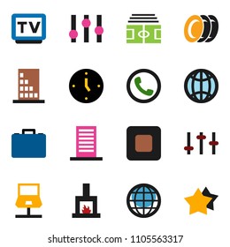 solid vector ixon set - plates vector, case, clock, stadium, settings, tv, stop button, notebook network, globe, fireplace, building, phone, star