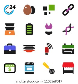 solid vector ixon set - plates vector, skimmer, oven, double boiler, egg, case, backpack, dollar calendar, swimsuite, battery, dna, usb modem, loading, chain, 24 hour, market
