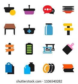 solid vector ixon set - plates vector, cutting board, jar, signpost, film frame, battery, message, table, shopping bag, basket