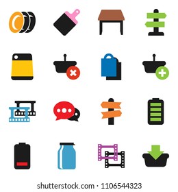 solid vector ixon set - plates vector, cutting board, jar, signpost, film frame, battery, message, table, shopping bag, basket