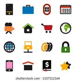 solid vector ixon set - plates vector, case, annual report, calendar, stadium, earth, dry cargo, video camera, mobile phone, notebook network, globe, lock, cart, home, star