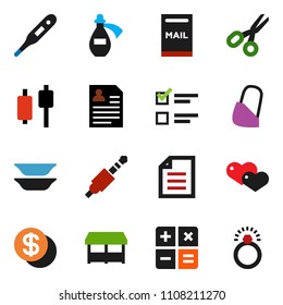solid vector ixon set - plates vector, scissors, document, exam, japanese candle, personal information, heart, jack, thermometer, potion, bandage, mailbox, dollar coin, market, calculator