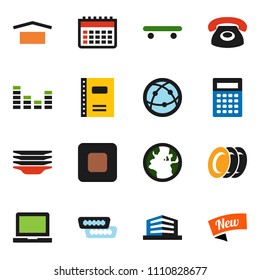 solid vector ixon set - plates vector, copybook, calculator, notebook pc, skateboard, calendar, earth, dry cargo, equalizer, internet, stop button, hdmi, office building, phone, new