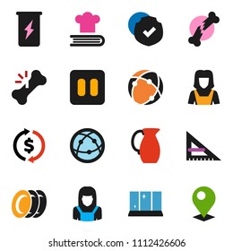 solid vector ixon set - plates vector, shining window, cleaner woman, cookbook, jug, corner ruler, exchange, enegry drink, protected, internet, pause button, broken bone, connection, pin