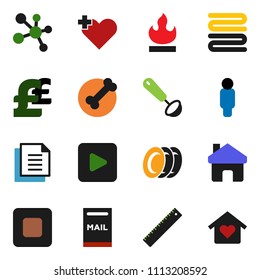 solid vector ixon set - plates vector, towel, ladle, ruler, man, pound, molecule, bone, document, flammable, play button, stop, heart cross, home, mailbox, love