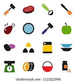 solid vector ixon set - plates vector, camping cauldron, scales, spatula, ladle, meat hammer, cutting board, sieve, cereal, potato, steak, chicken leg, diet, pills vial