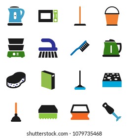 solid vector ixon set - plunger vector, fetlock, mop, bucket, sponge, washing powder, kettle, microwave oven, double boiler, blender