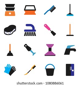 solid vector ixon set - plunger vector, water tap, fetlock, mop, bucket, sponge, car, rubber glove, spatula, double boiler, blender, fridge