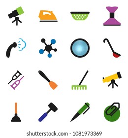 solid vector ixon set - plunger vector, rake, car fetlock, iron, steaming, colander, spatula, ladle, meat hammer, sieve, pen, telescope, social media, crutches, attachment