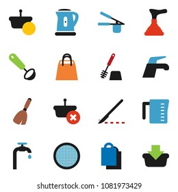 solid vector ixon set - plunger vector, broom, water tap, toilet brush, kettle, measuring cup, cook press, ladle, sieve, scalpel, supply, shopping bag, basket