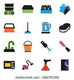 solid vector ixon set - plunger vector, vacuum cleaner, mop, bucket, sponge, rubber glove, water tap, kettle, spatula, microwave oven, double boiler, blender, fridge