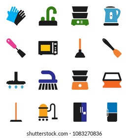 solid vector ixon set - plunger vector, vacuum cleaner, fetlock, mop, sponge, rubber glove, water tap, kettle, spatula, microwave oven, double boiler, fridge