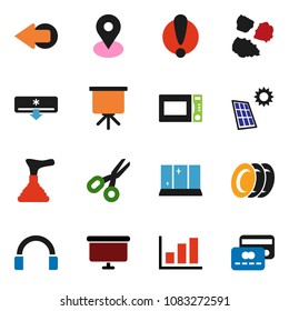 solid vector ixon set - plunger vector, plates, shining window, garbage pile, microwave oven, scissors, presentation, graph, board, map pin, attention, headphones, arrow, solar panel, credit card
