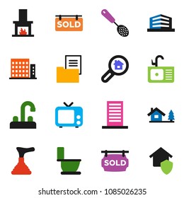 solid vector ixon set - plunger vector, toilet, sink, water tap, skimmer, tv, chalet, estate document, sold signboard, apartments, office building, search, fireplace, home protect