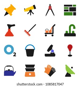 solid vector ixon set - plunger vector, cleaner trolley, rake, bucket, rubber glove, water tap, kettle, double boiler, drawing compass, telescope, microscope, paper pin, punching bag, oxygen