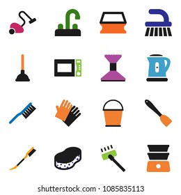 solid vector ixon set - plunger vector, vacuum cleaner, fetlock, bucket, sponge, car, rubber glove, water tap, kettle, spatula, microwave oven, double boiler
