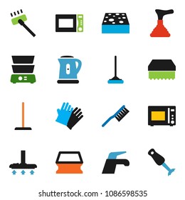 solid vector ixon set - plunger vector, water tap, vacuum cleaner, fetlock, mop, sponge, rubber glove, kettle, microwave oven, double boiler, blender
