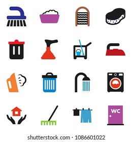 solid vector ixon set - plunger vector, cleaner trolley, fetlock, rake, sponge, trash bin, iron, steaming, drying clothes, washer, foam basin, washboard, house hold, shower, water closet