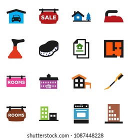 solid vector ixon set - plunger vector, sponge, car fetlock, iron, oven, university, cottage, chalet, garage, plan, estate document, sale signboard, rooms, apartments, building