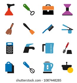 solid vector ixon set - plunger vector, broom, water tap, fetlock, car, toilet brush, kettle, measuring cup, cook press, whisk, spatula, grater, case, shopping bag, basket