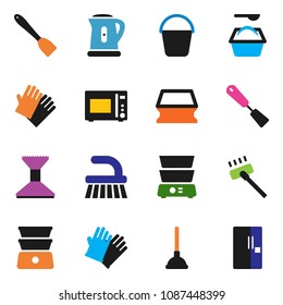 solid vector ixon set - plunger vector, vacuum cleaner, fetlock, bucket, sponge, car, washing powder, rubber glove, kettle, spatula, microwave oven, double boiler, fridge