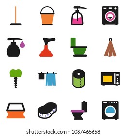 solid vector ixon set - plunger vector, mop, bucket, sponge, toilet, drying clothes, liquid soap, paper, towel, microwave oven, tooth implant, washer